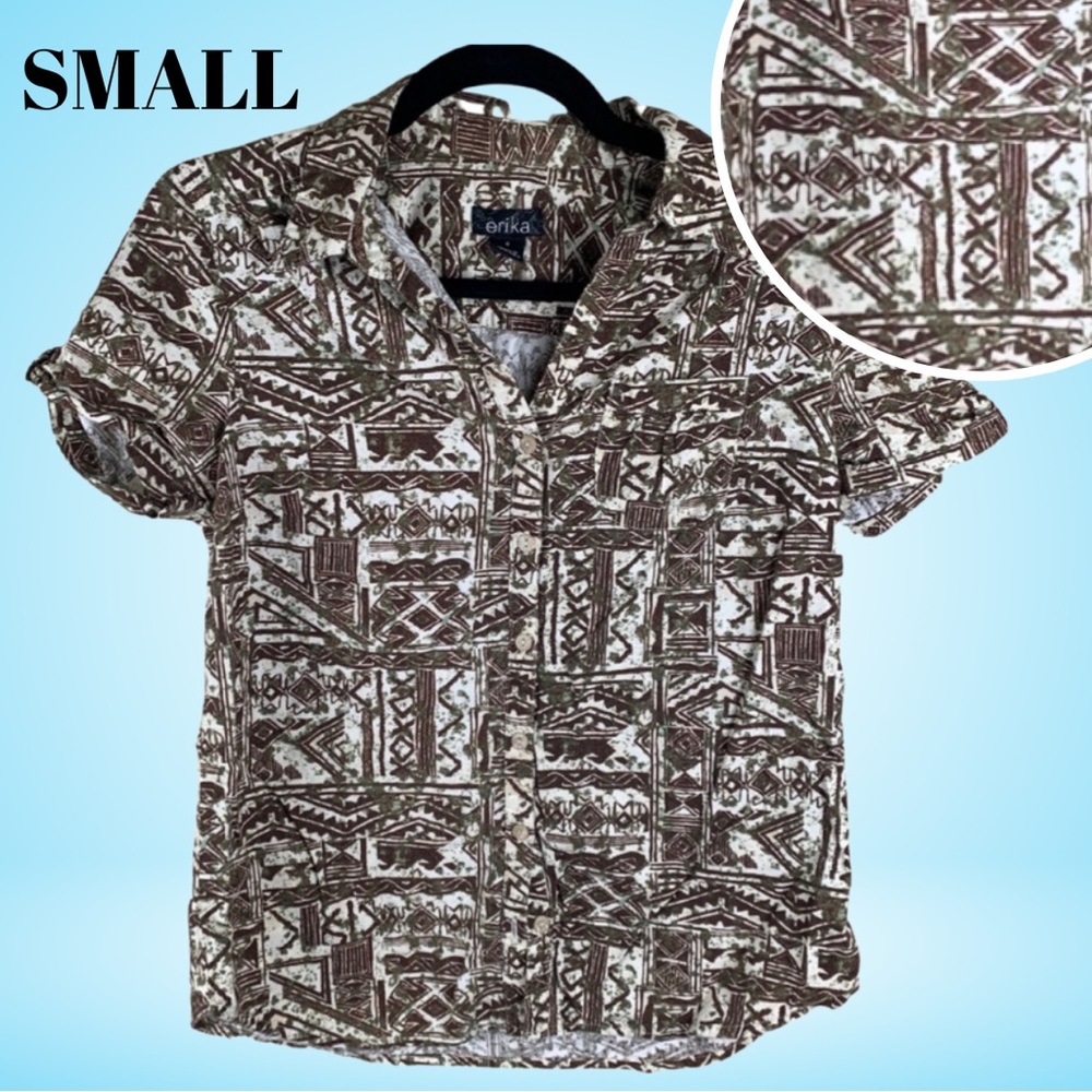 Small Brown Tribal Erika Button Up Short Sleeve Top